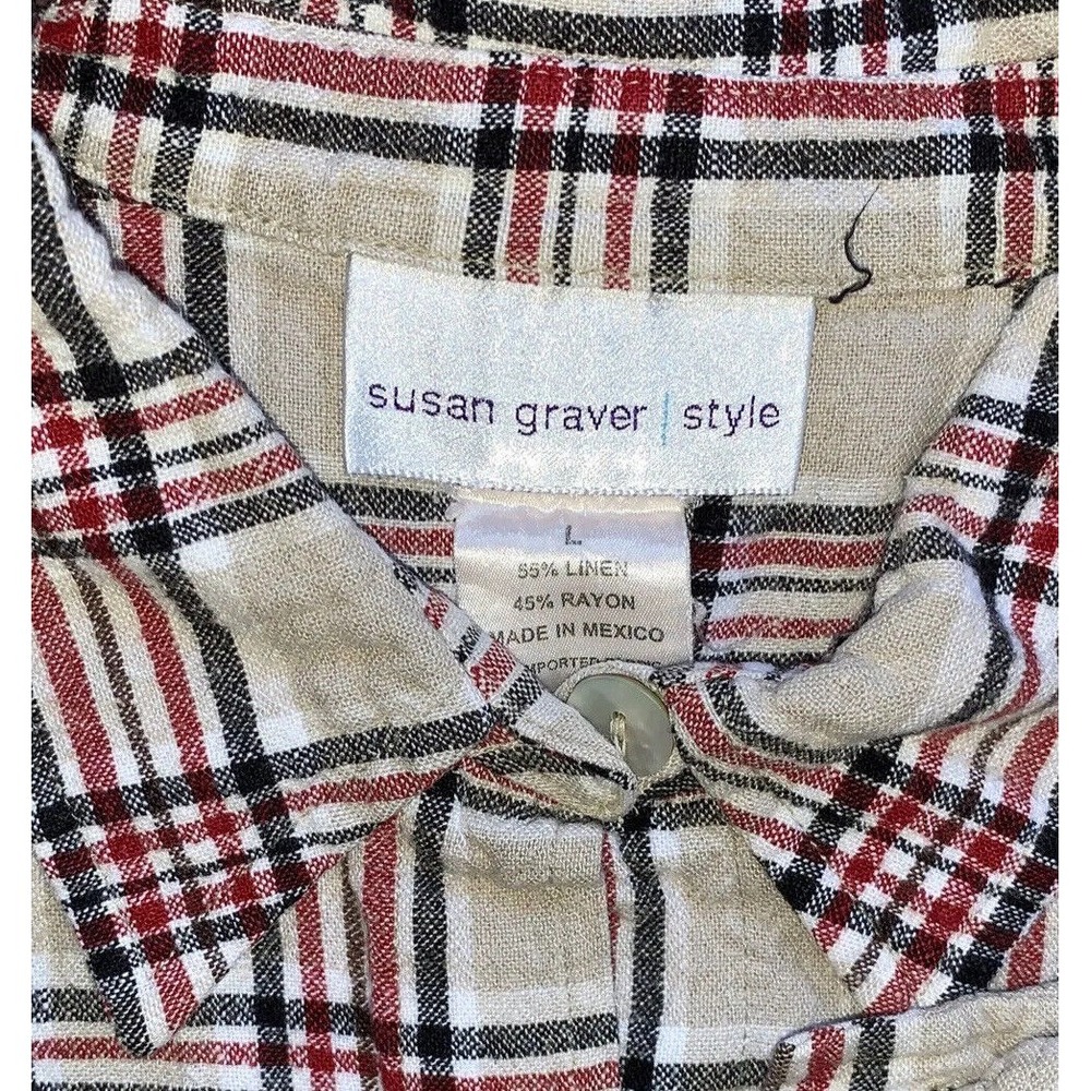 Plaid Linen Blend Button Up Top Women's Size L Tan Red Long Sleeve Susan Graver - Picture 3 of 7